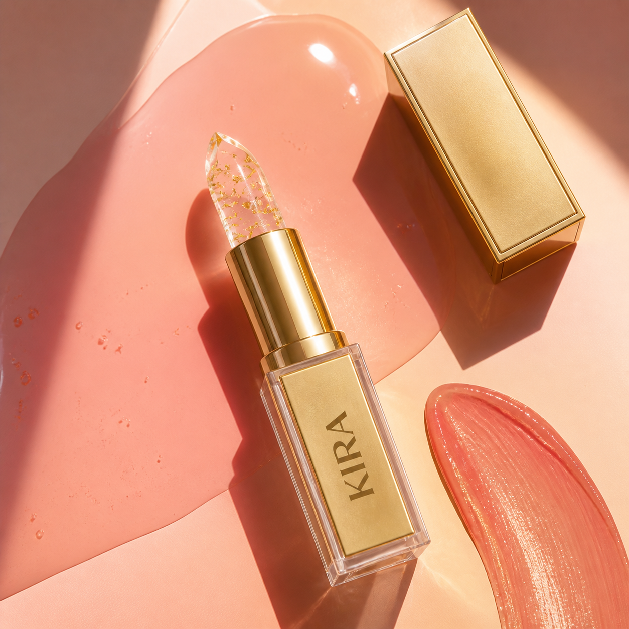 KIRA clear-to-rose glow balm with a sheer rosy swatch