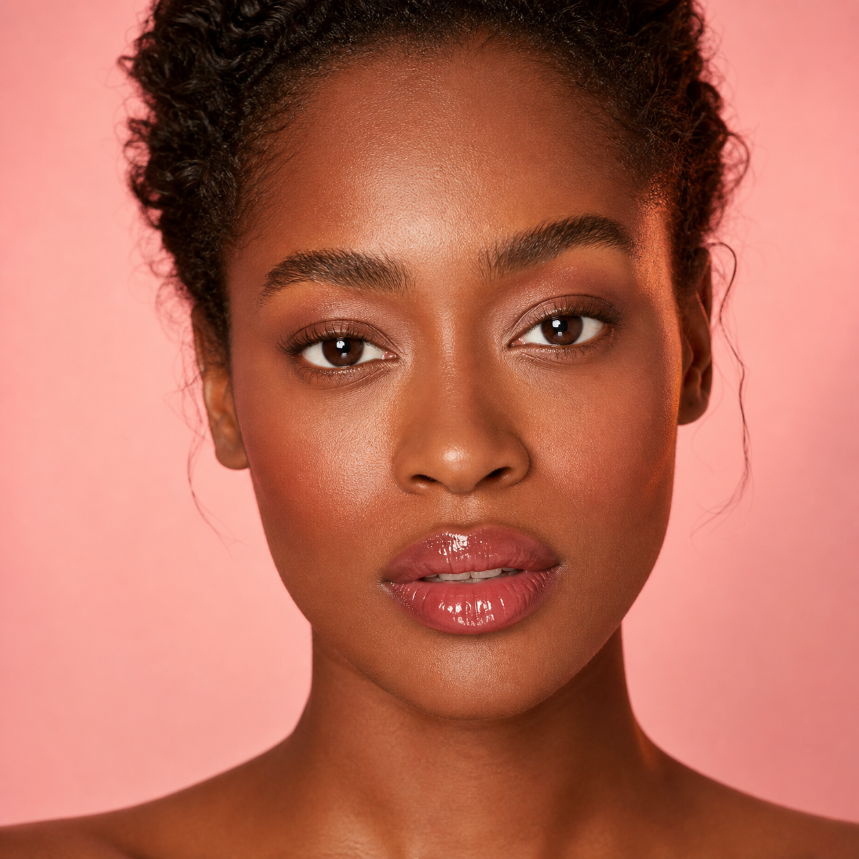 Black model wearing a sheer rosy KIRA lip finish