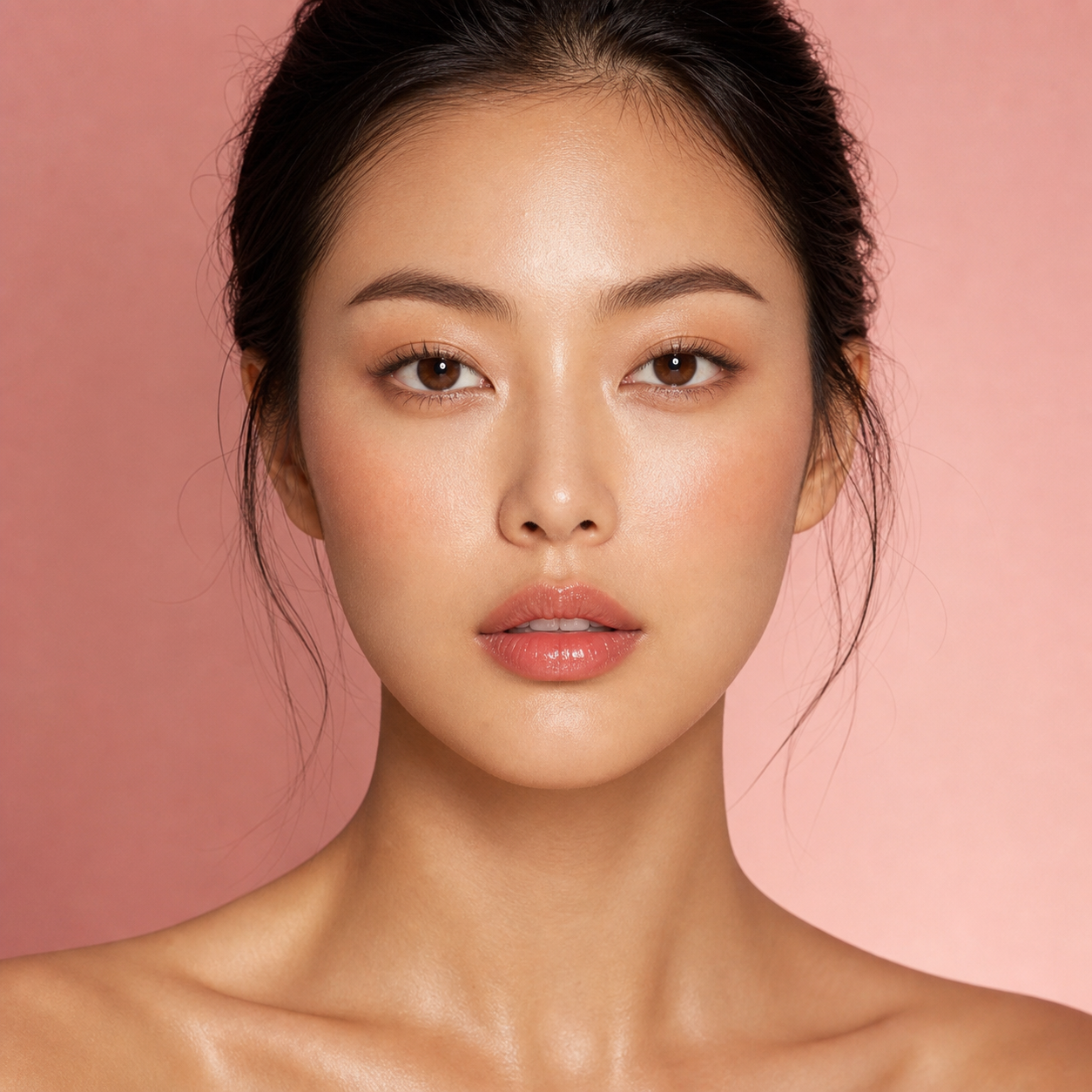 East Asian model wearing a sheer rosy KIRA lip finish
