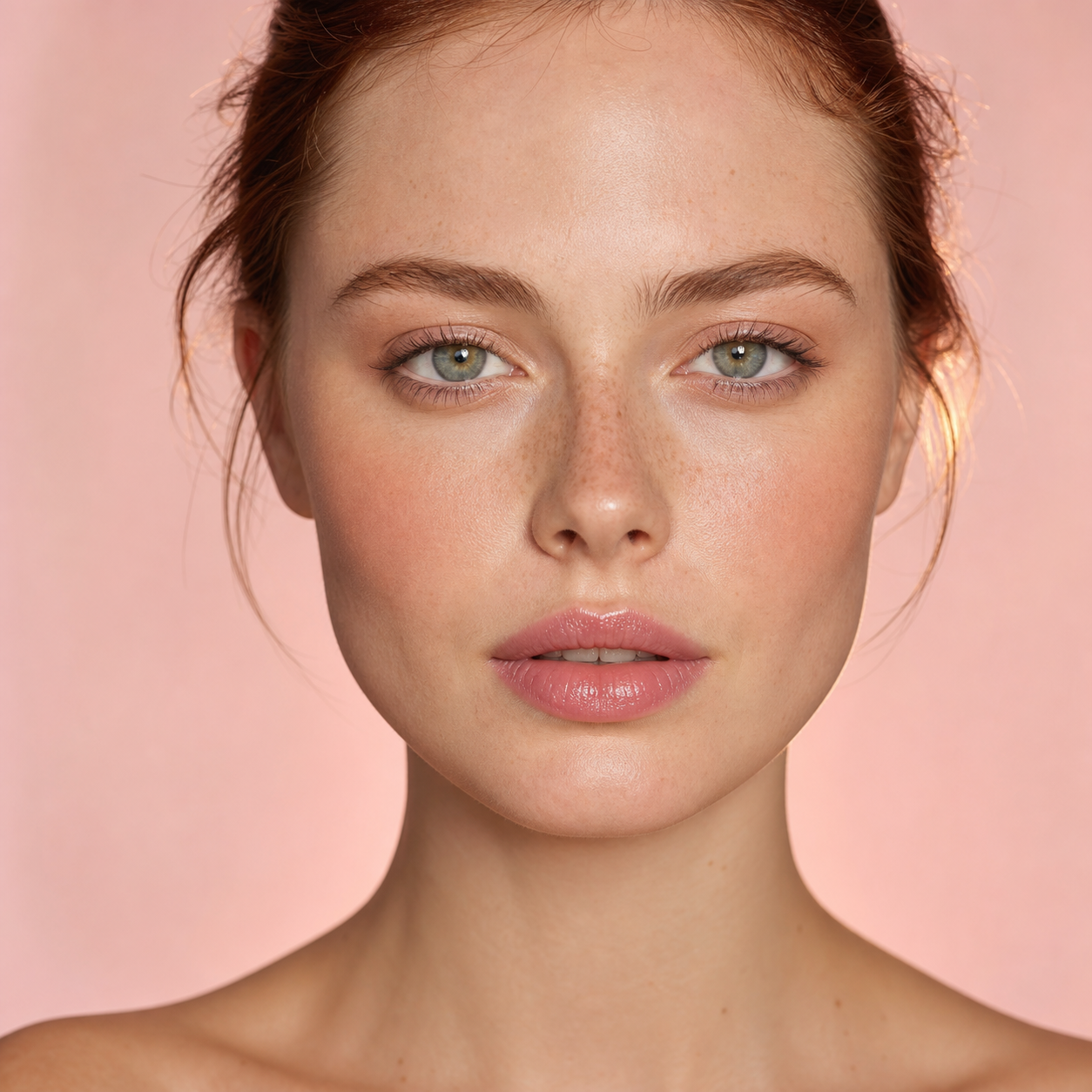 White model wearing a sheer rosy KIRA lip finish